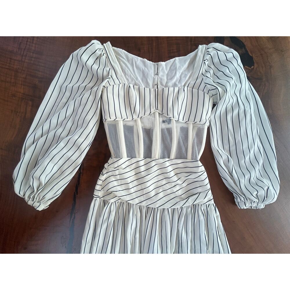 RARE Nafsika Skourti Striped Mesh Corset Dropwaist Midi Dress 4 S Avant Garde - Picture 4 of 10